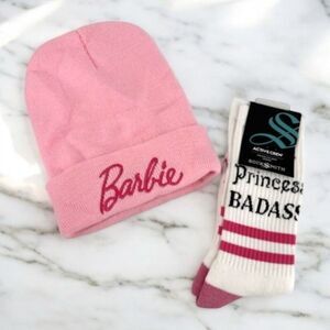 NWT Barbie beanie & Socksmith Princess Badass Tall Gym‎ Socks Crew Length Pink